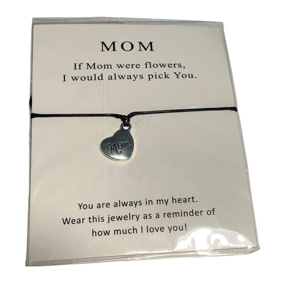 Mom Heart Charm Bracelet On Black Cord‎ With Sentimental Quote Card Pendant